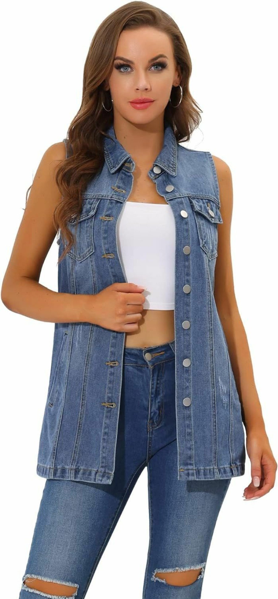 Allegra K Allegra K Women'S Denim Vest Sleeveless Button Down Waistcoat Casual Long Jean Vests | Coats, Jackets & Vests