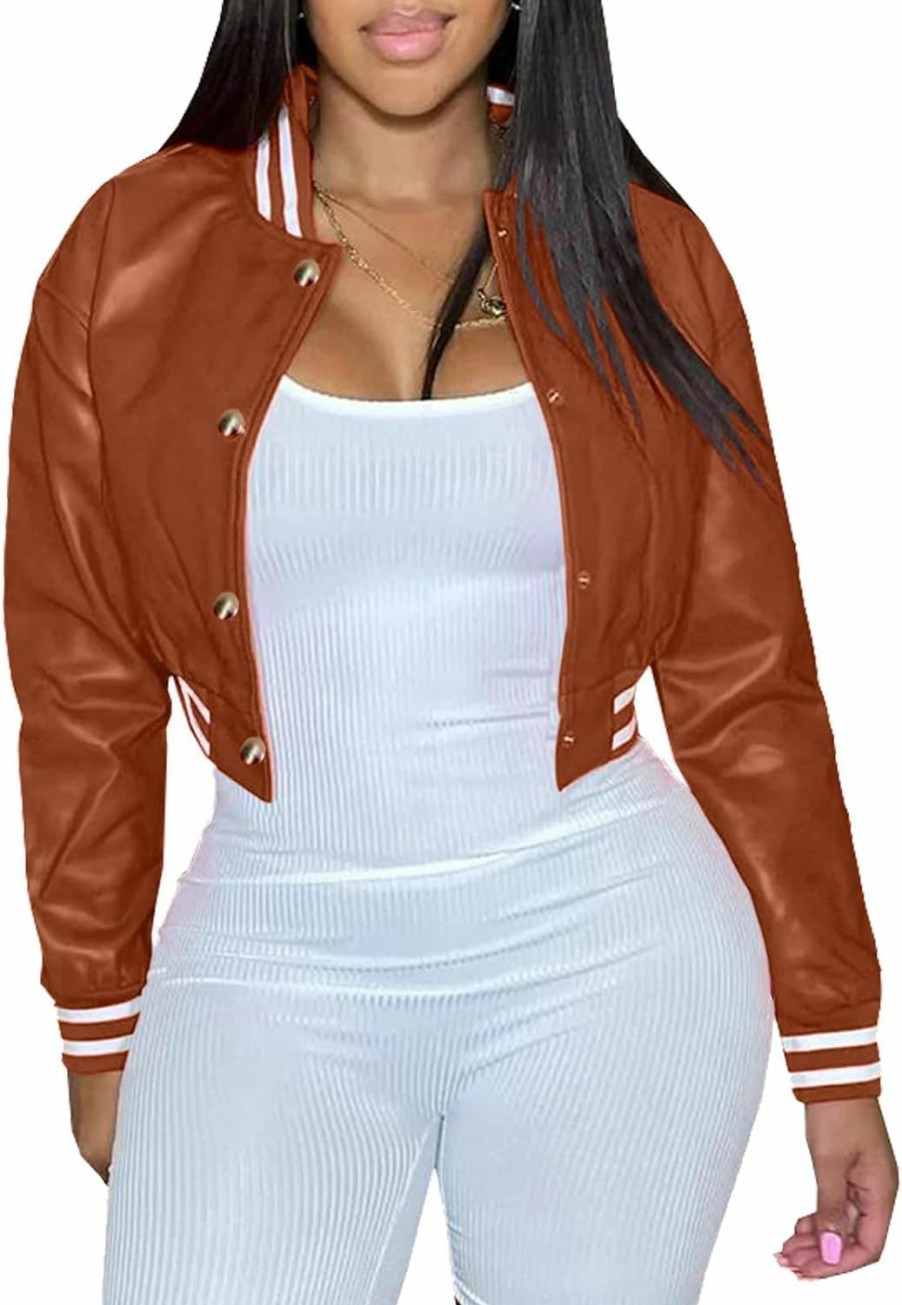 Xaspee Xaspee Varsity Bomber Jacket Women Causal Baseball Crop Top Letterman Faux Leather Snap Button Sports Outwear Jackets | Coats, Jackets & Vests