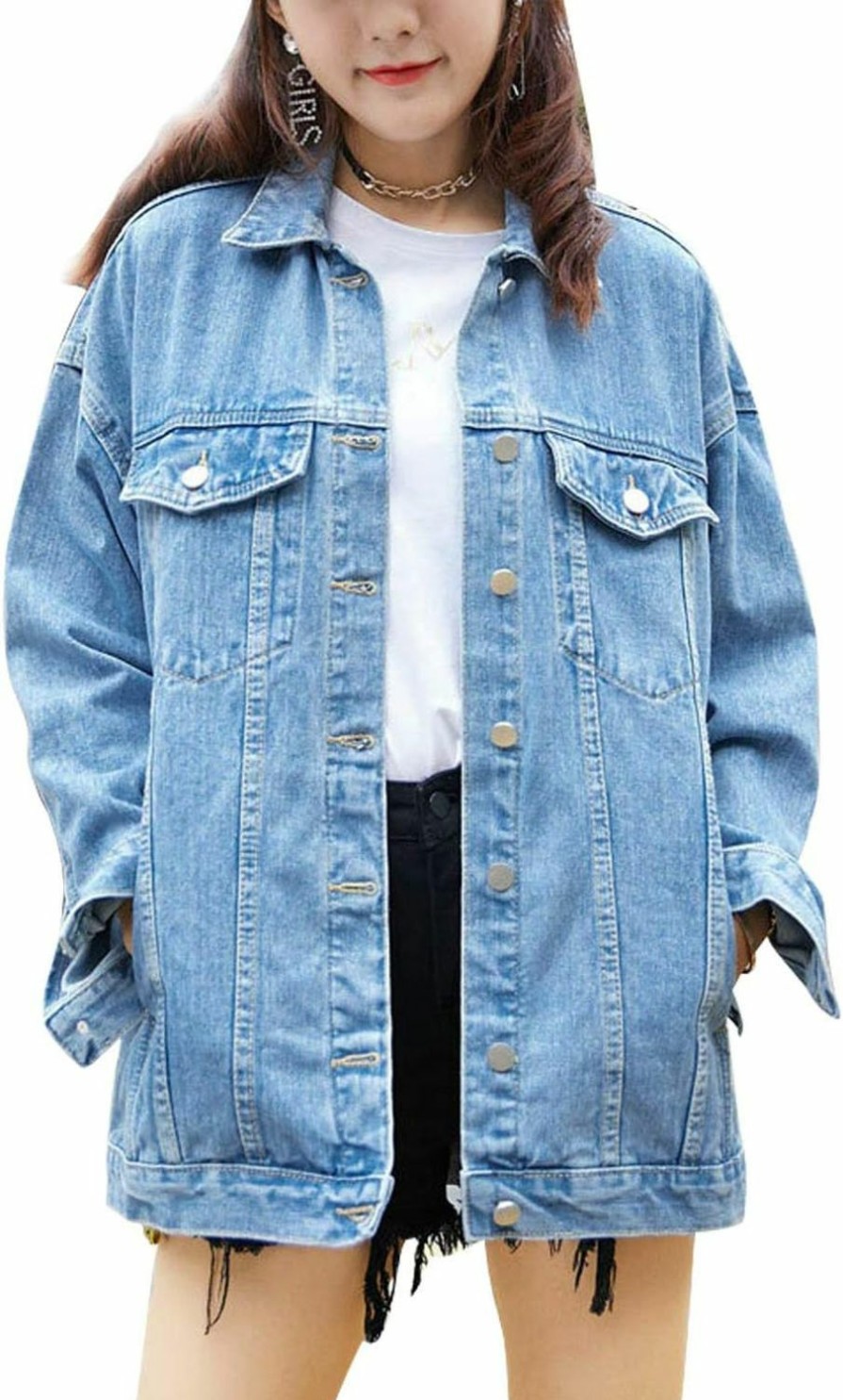 QIBABU Women Mid Long Denim Jacket Trucker Biker Oversized Distressed Jean Jackets | Coats, Jackets & Vests