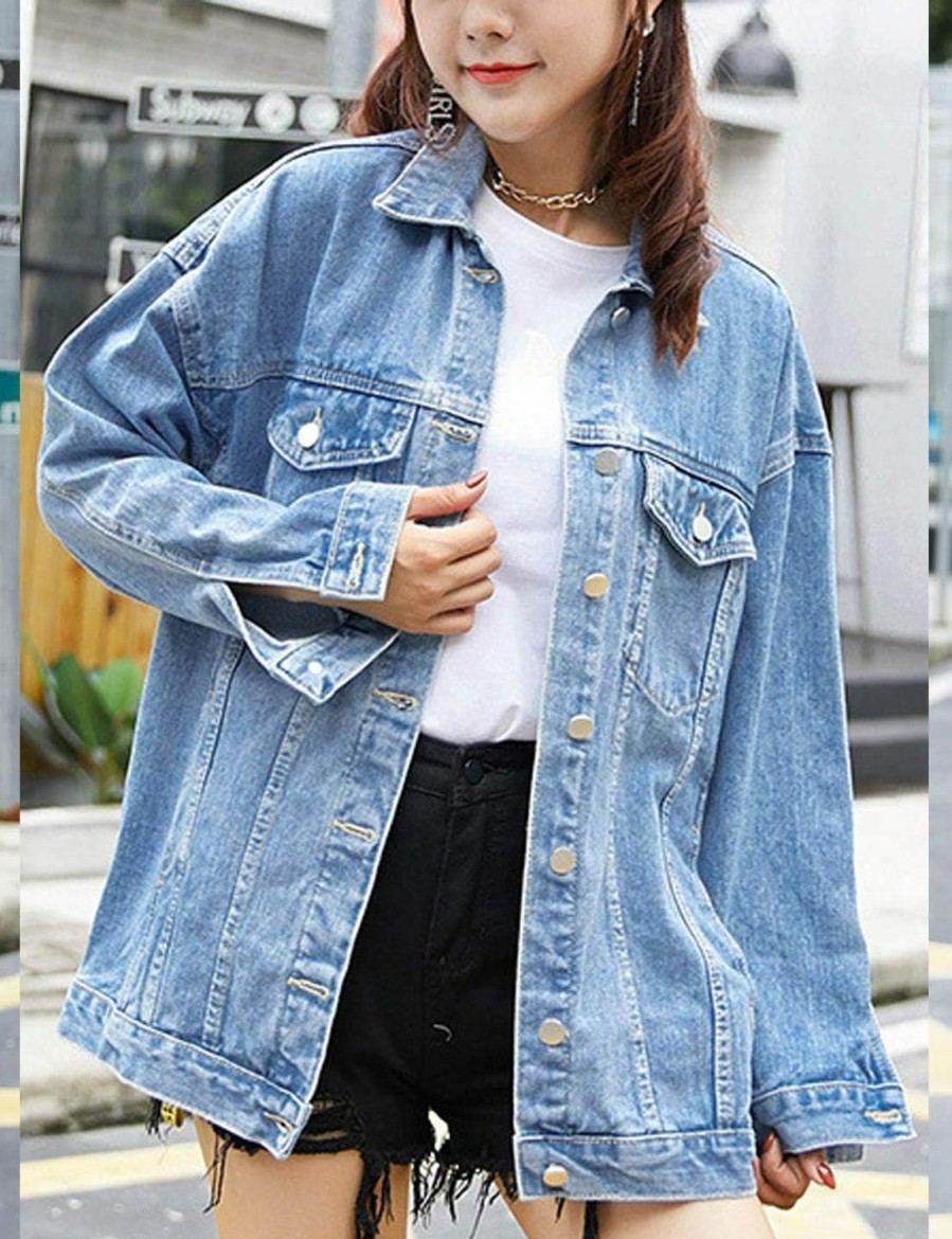 QIBABU Women Mid Long Denim Jacket Trucker Biker Oversized Distressed Jean Jackets | Coats, Jackets & Vests