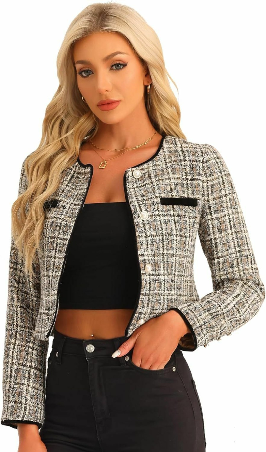 Allegra K Allegra K Tweed Jacket For Women'S Long Sleeve Casual Work Office Plaid Short Outwear | Coats, Jackets & Vests