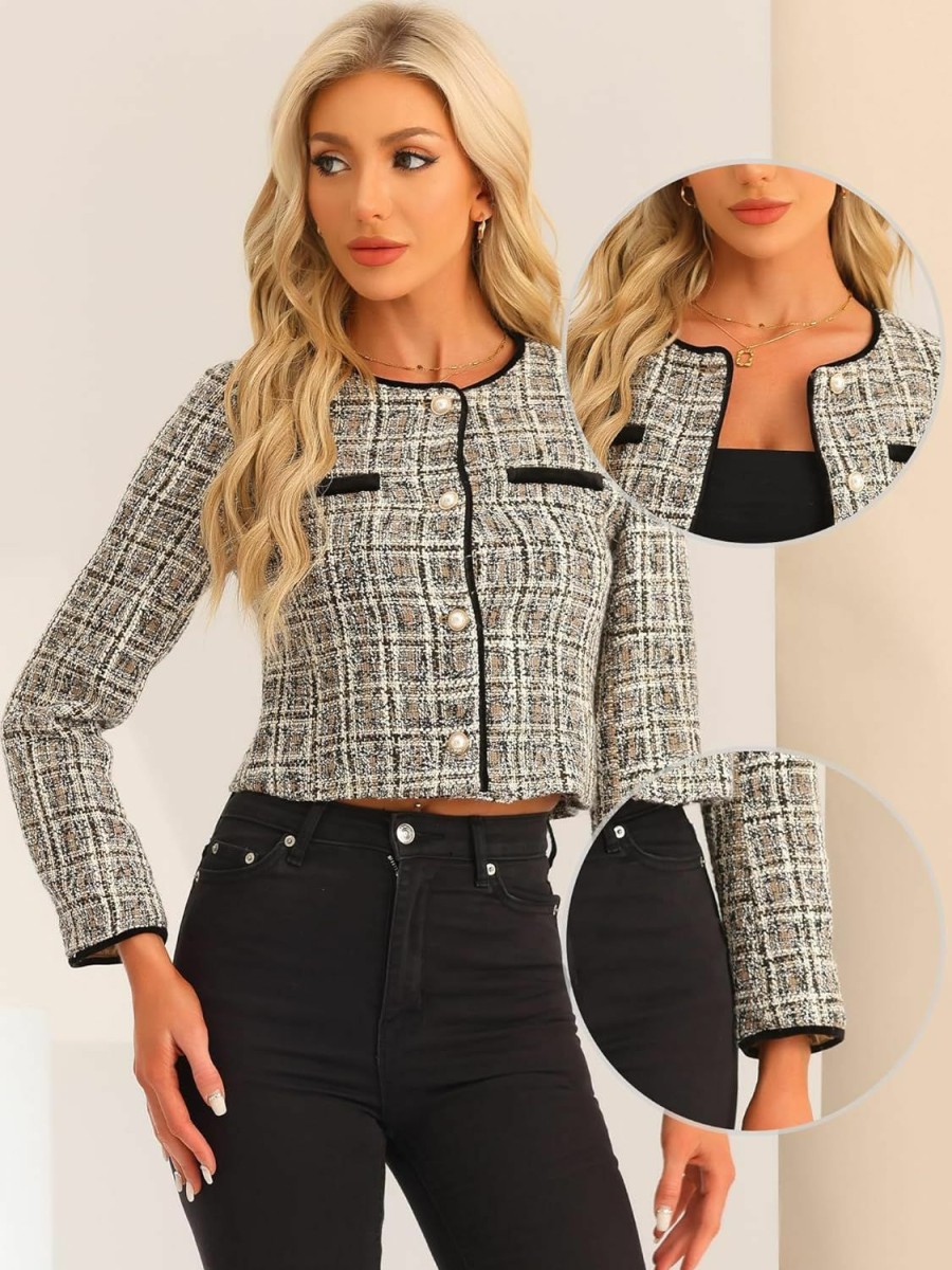 Allegra K Allegra K Tweed Jacket For Women'S Long Sleeve Casual Work Office Plaid Short Outwear | Coats, Jackets & Vests