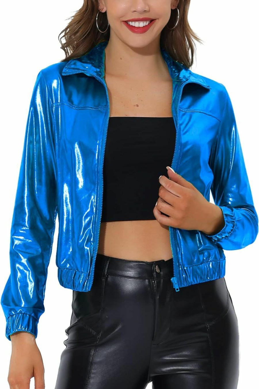 Allegra K Allegra K Women'S Holographic Shiny Party Christmas Long Sleeve Lightweight Zipper Metallic Jacket | Coats, Jackets & Vests