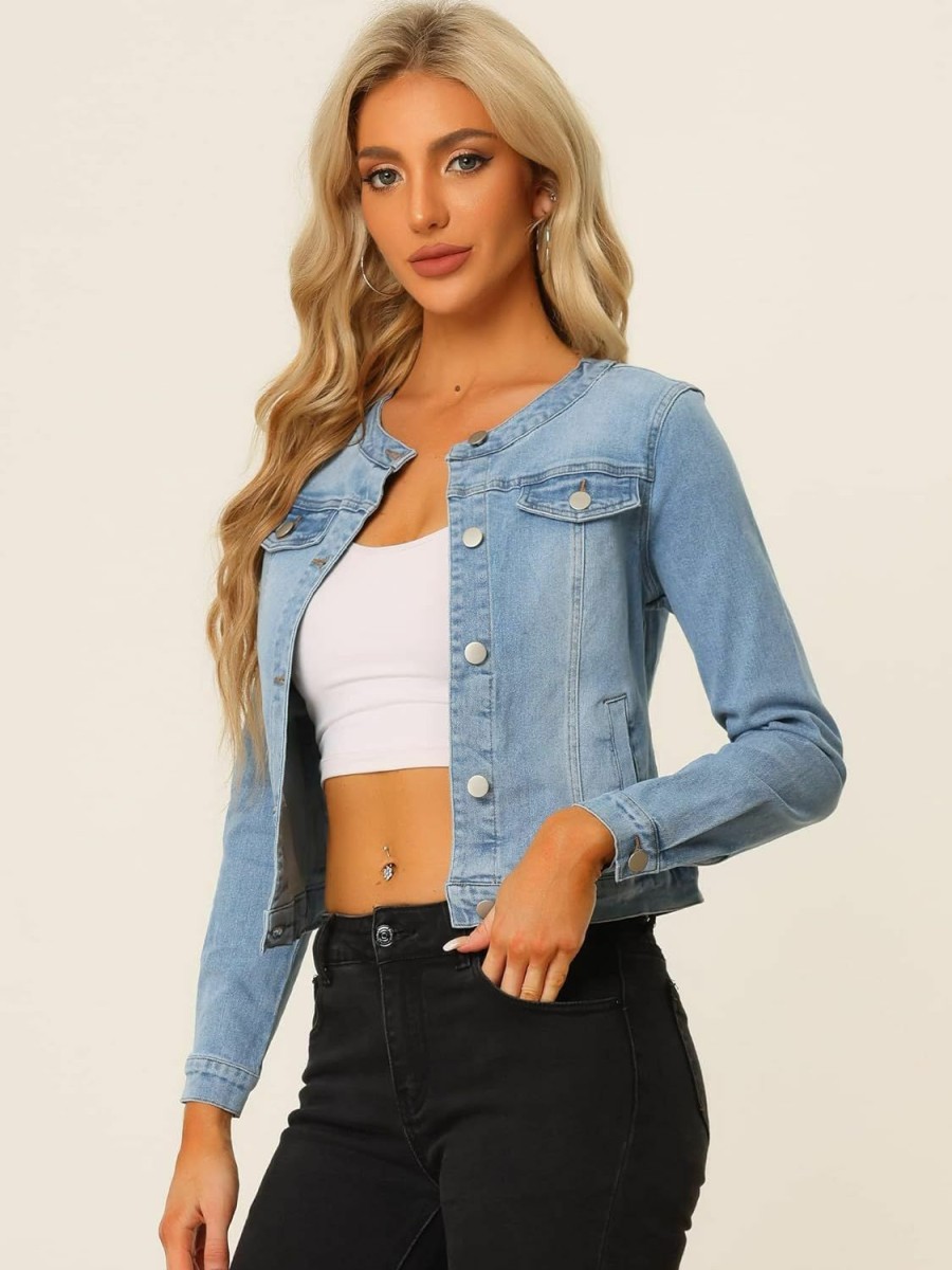 Allegra K Allegra K Women'S Denim Jacket Button Down Collarless Long Sleeve Jean Jackets | Coats, Jackets & Vests