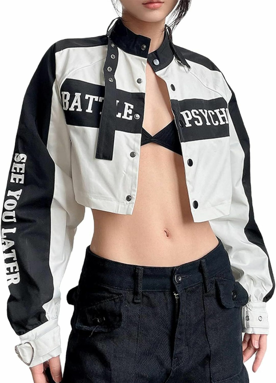 Aelfric Eden Aelfric Eden Women'S Motorcycle Crop Jacket Letter Hiphop Streetwear Vintage Graphic Color Block Varsity Coats | Coats, Jackets & Vests