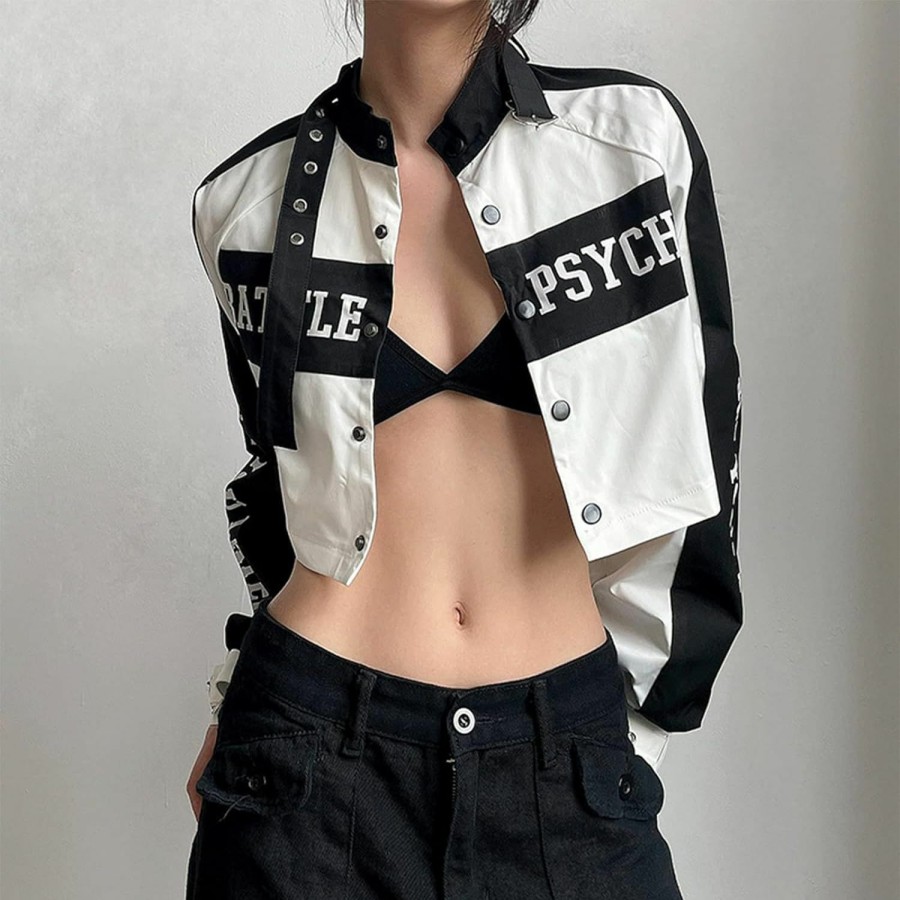 Aelfric Eden Aelfric Eden Women'S Motorcycle Crop Jacket Letter Hiphop Streetwear Vintage Graphic Color Block Varsity Coats | Coats, Jackets & Vests