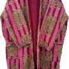 Pranipat Handicrafts Pranipat Handicrafts Tibetan Tiger Print Women Wear Handmade Comfortable Kantha Kimono Dark Pink Front Open Wear Mid-Length Lightweight Cotton Jacket | Coats, Jackets & Vests