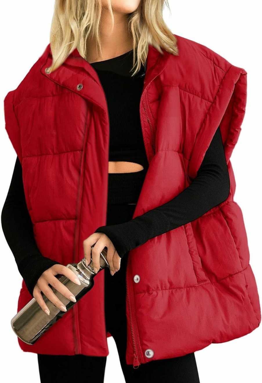 Songling Songling Womens Oversized Puffer Vest Stand Collar Full Zip Sleeveless Bubble Puffer Vest Quilted Padded Warm Coat Outwear | Coats, Jackets & Vests