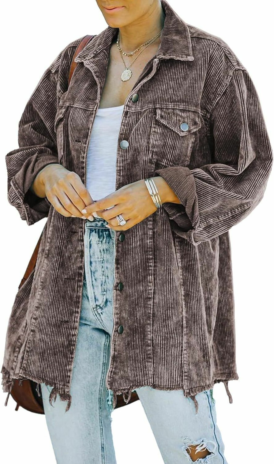 Hixiaohe Hixiaohe Women'S Casual Oversized Button Down Corduroy Shirt Jacket Coat Washed Retro Shacket | Coats, Jackets & Vests