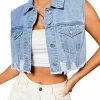 Verdusa Verdusa Women'S Ripped Raw Hem Sleeveless Button Up Crop Denim Vest Jean Outerwear | Coats, Jackets & Vests