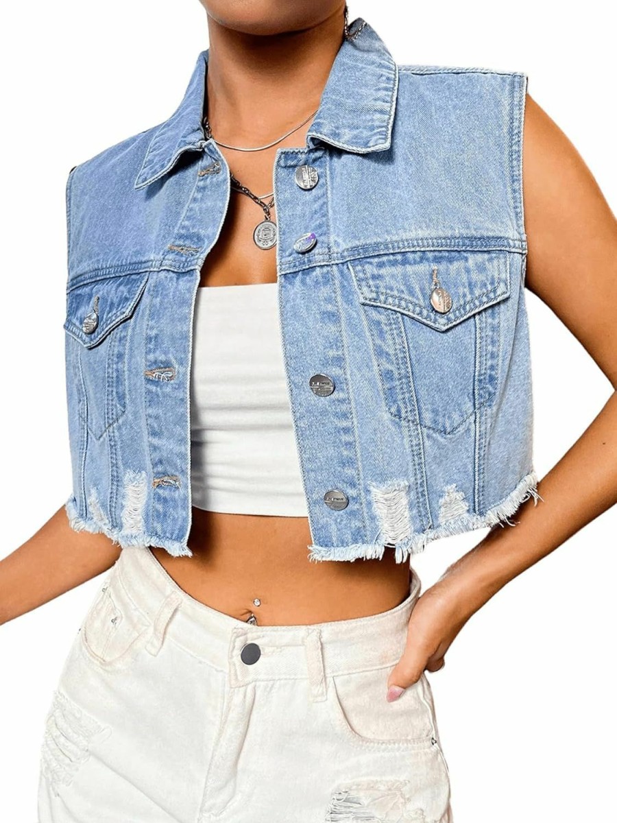 Verdusa Verdusa Women'S Ripped Raw Hem Sleeveless Button Up Crop Denim Vest Jean Outerwear | Coats, Jackets & Vests