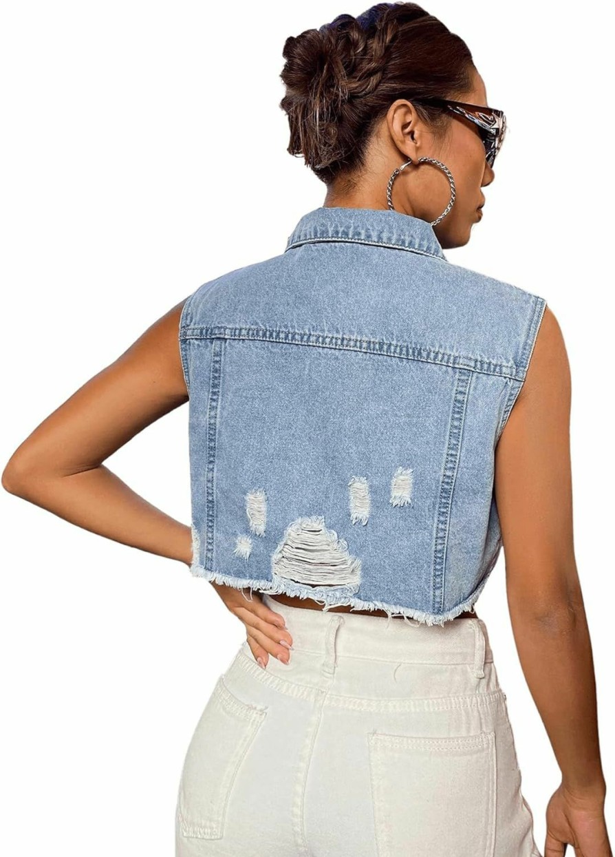 Verdusa Verdusa Women'S Ripped Raw Hem Sleeveless Button Up Crop Denim Vest Jean Outerwear | Coats, Jackets & Vests