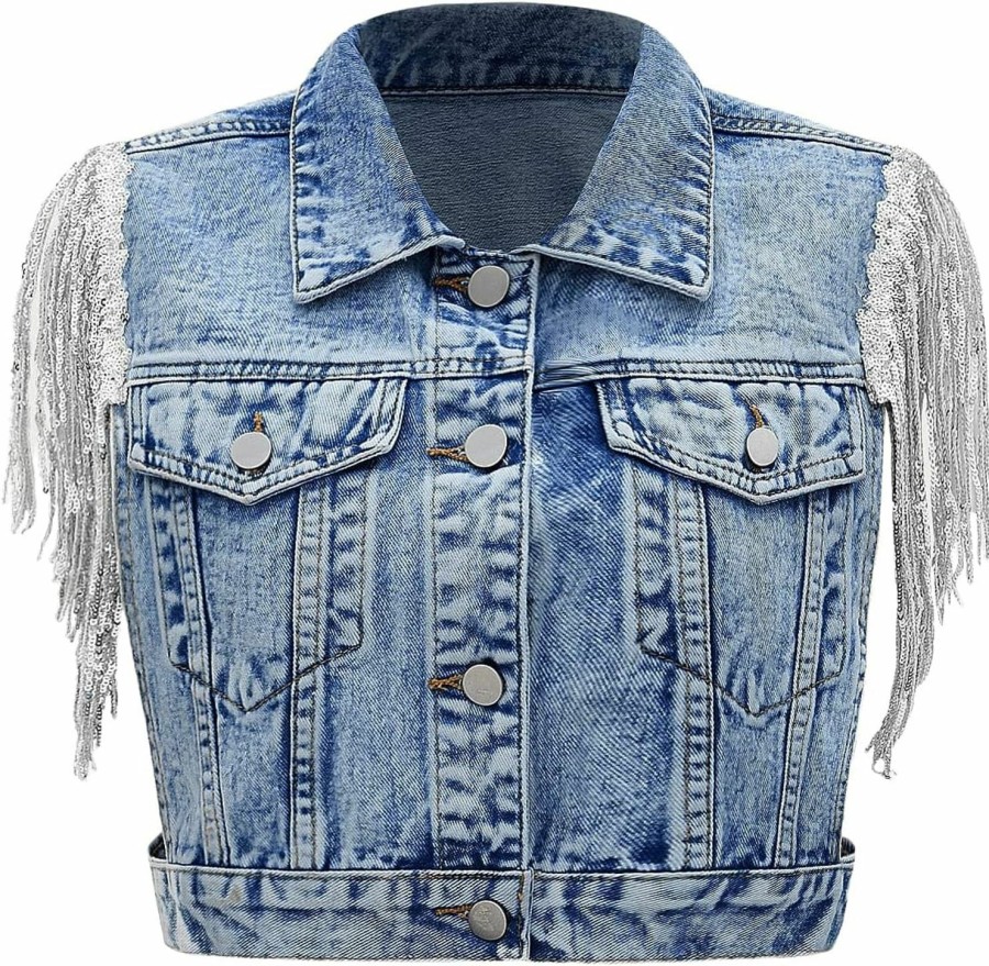 SweatyRocks Sweatyrocks Women'S Fringe Button Down Crop Denim Jacket Sleeveless Collared Jean Coats | Coats, Jackets & Vests