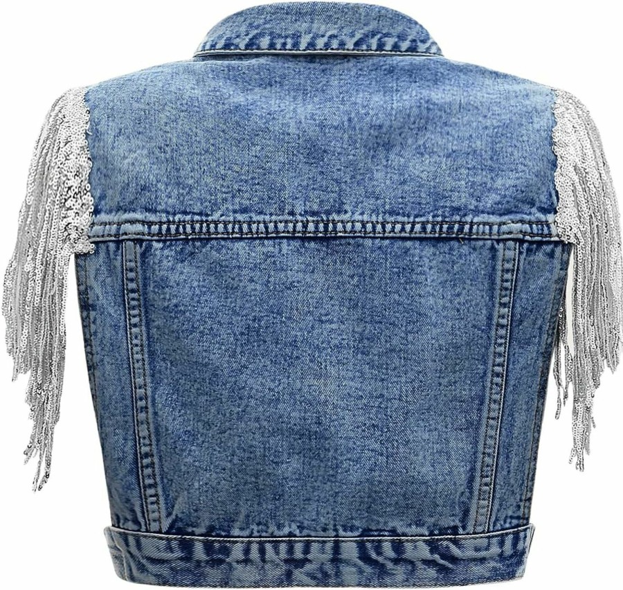 SweatyRocks Sweatyrocks Women'S Fringe Button Down Crop Denim Jacket Sleeveless Collared Jean Coats | Coats, Jackets & Vests