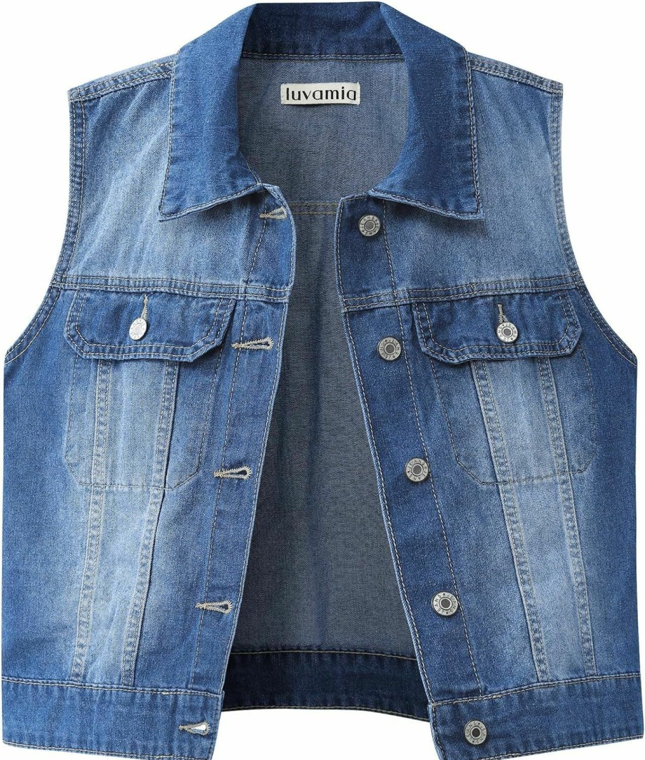 luvamia Luvamia Denim Vest For Women Sleeveless Cropped Jean Jacket Vests Top Western Outfit Fashion Casual Vests With Pockets | Coats, Jackets & Vests