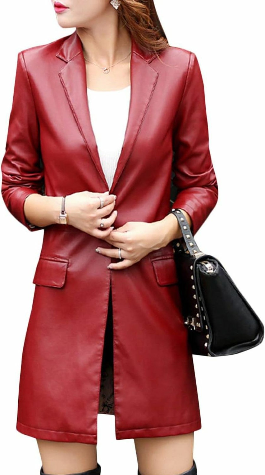 Tanming Tanming Womens Pu Faux Leather Jacket Casual Lapel Long Suit Trench Coat Outerwear | Coats, Jackets & Vests