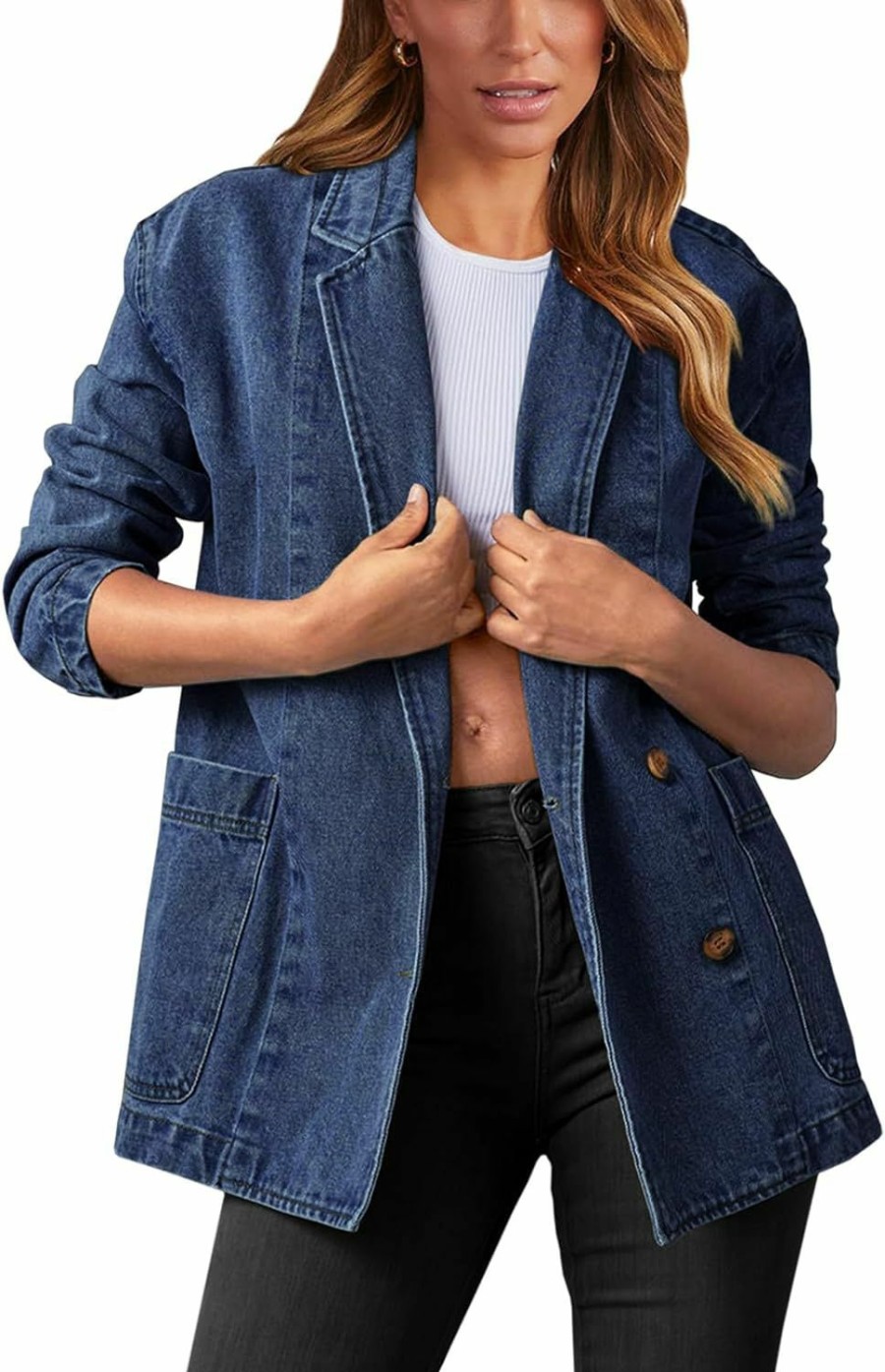 Tankaneo Tankaneo Womens Oversized Denim Jacket Casual Button Up Blazer Notched Lapel Jean Shacket Coat | Coats, Jackets & Vests