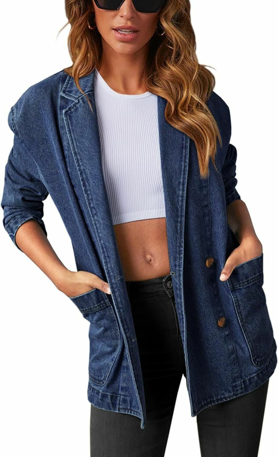 Tankaneo Tankaneo Womens Oversized Denim Jacket Casual Button Up Blazer Notched Lapel Jean Shacket Coat | Coats, Jackets & Vests