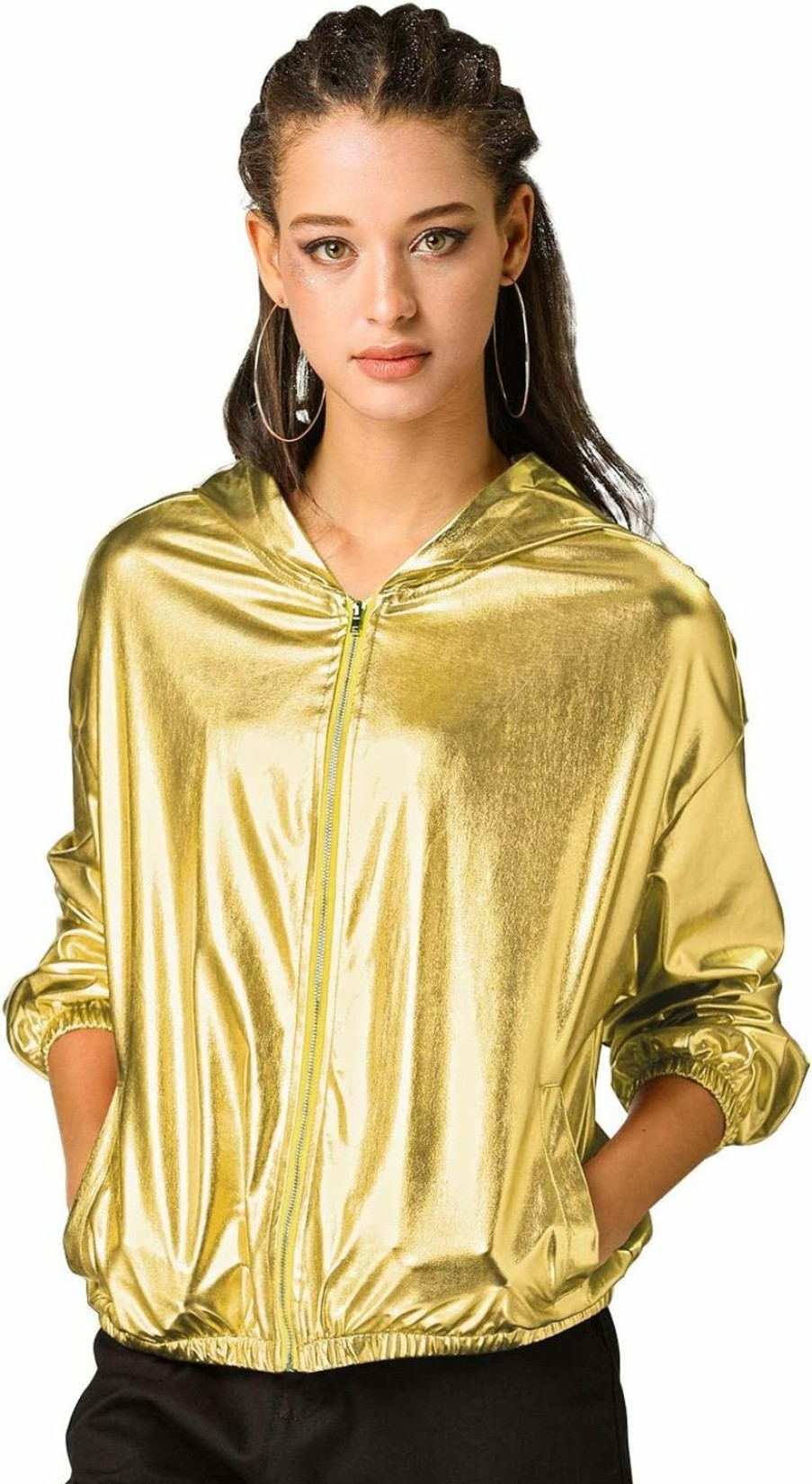 Allegra K Allegra K Women'S Holographic Party Shimmering Shiny Lightweight Zipper Hooded Metallic Jacket | Coats, Jackets & Vests