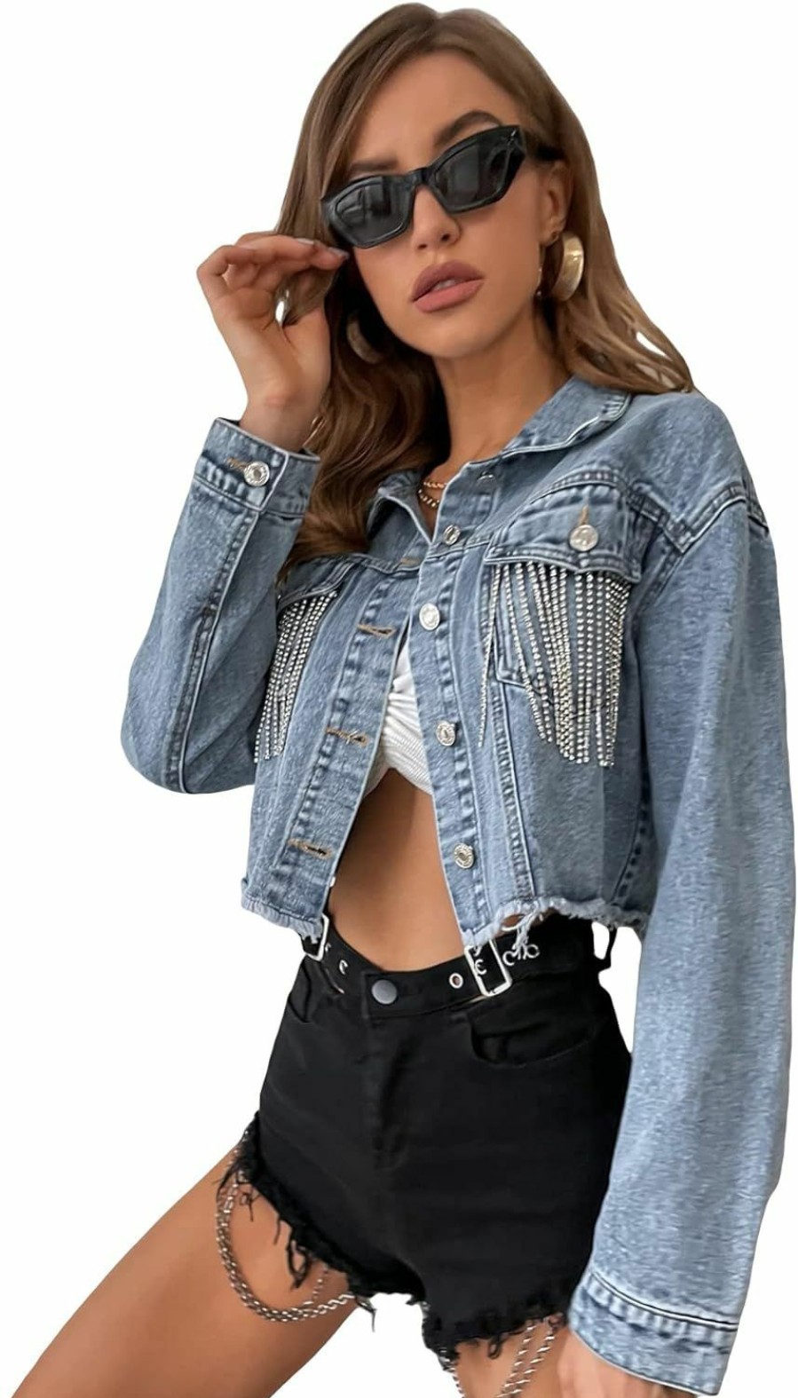 Verdusa Verdusa Women'S Rhinestone Fringe Raw Hem Long Sleeve Crop Denim Jacket Coat | Coats, Jackets & Vests