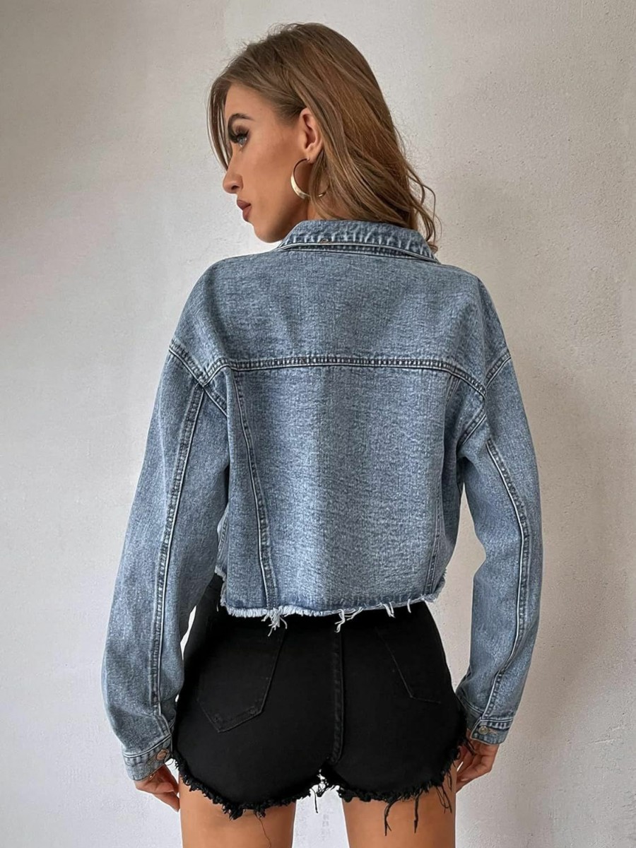 Verdusa Verdusa Women'S Rhinestone Fringe Raw Hem Long Sleeve Crop Denim Jacket Coat | Coats, Jackets & Vests