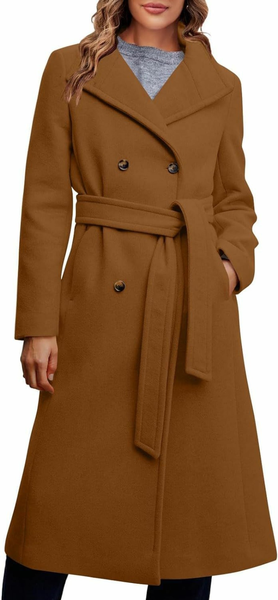 Fisoew Fisoew Women Double Breasted Coats Long Winter Work Office Overcoat Pocketed Outwear With Belt | Coats, Jackets & Vests