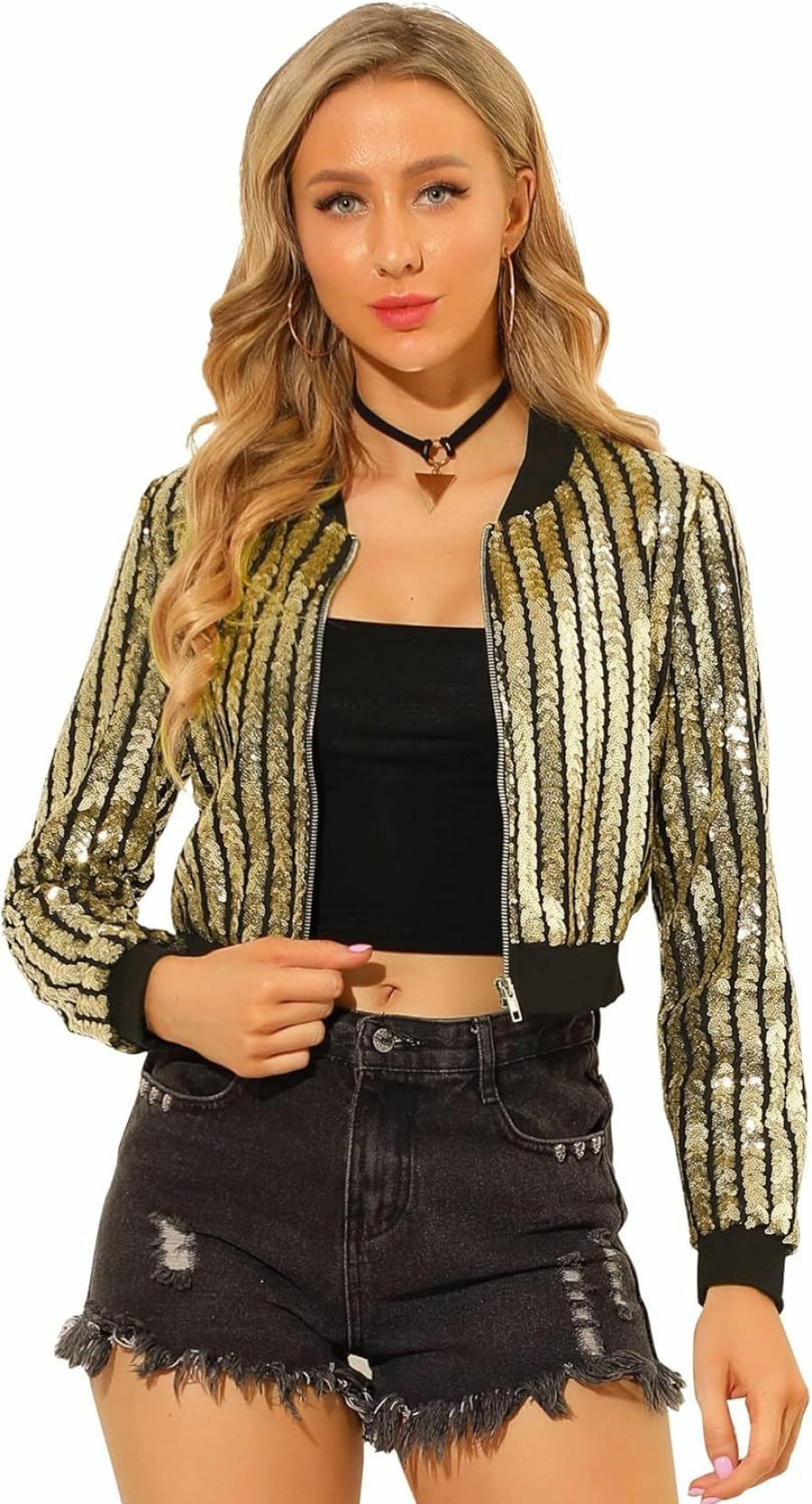 Allegra K Allegra K Women'S Sparkly Glitter Jacket Zip Up Slim Fit Shiny Crop Bomber Sequin Jackets | Coats, Jackets & Vests