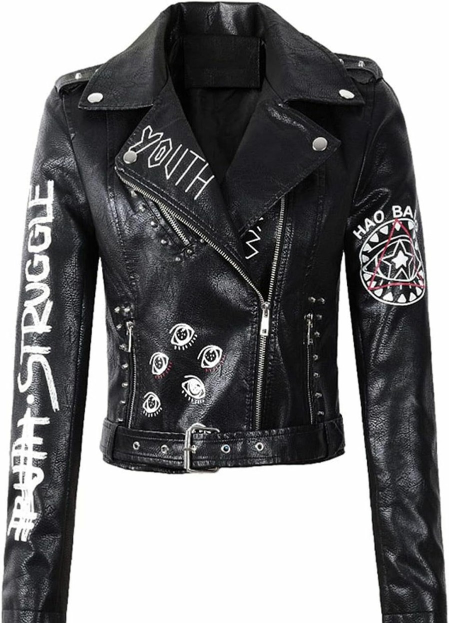 LY VAREY LIN Ly Varey Lin Women'S Print Faux Leather Punk Jacket Biker Motorcycle Jacket With Belt | Coats, Jackets & Vests