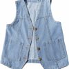 Peaceglad Peaceglad Womens Casual Jean Vest V Neck Open Front Button Down Sleeveless Denim Jacket With Pockets | Coats, Jackets & Vests