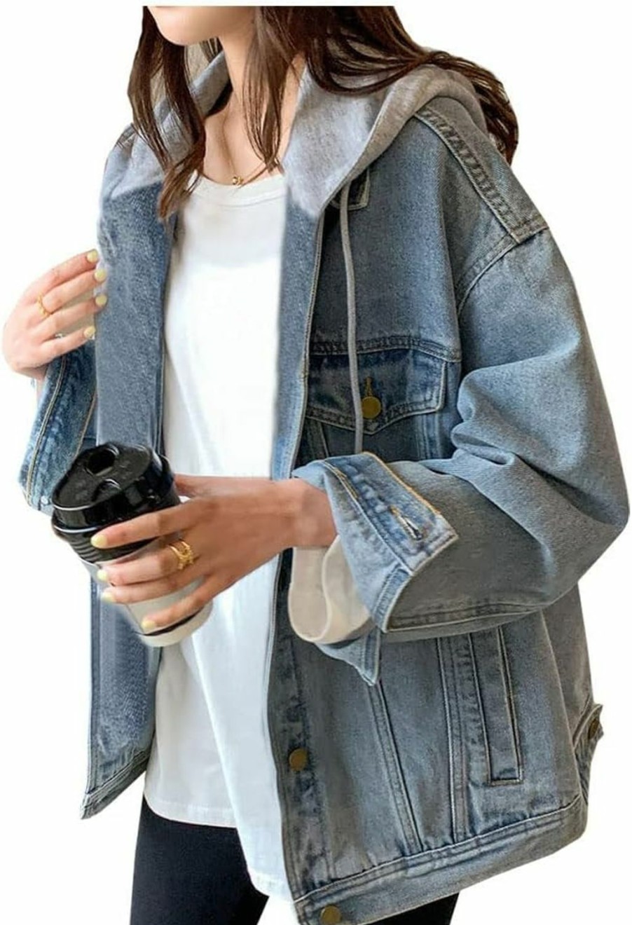 LifeShe Lifeshe Women'S Denim Jacket With Hood Oversized Distressed Jean Jackets Hoodie | Coats, Jackets & Vests