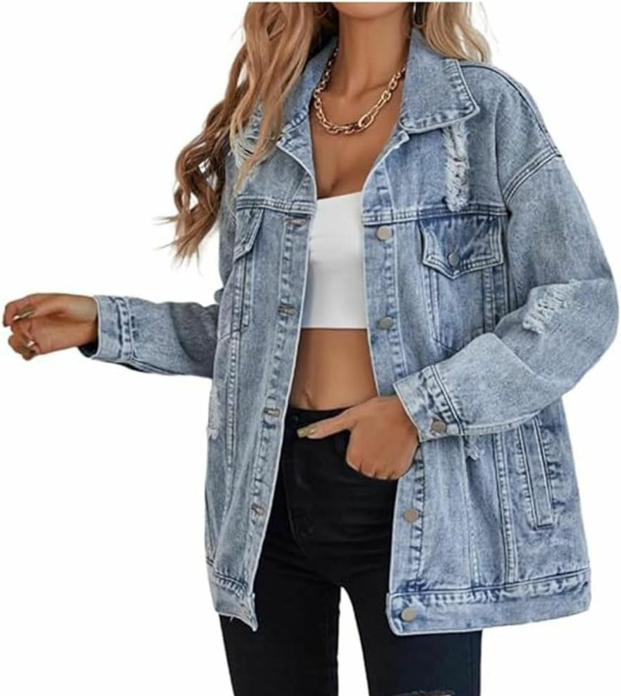 LifeShe Lifeshe Women'S Long Oversized Denim Jacket Boyfriend Ripped Distressed Jean Jackets Coat | Coats, Jackets & Vests