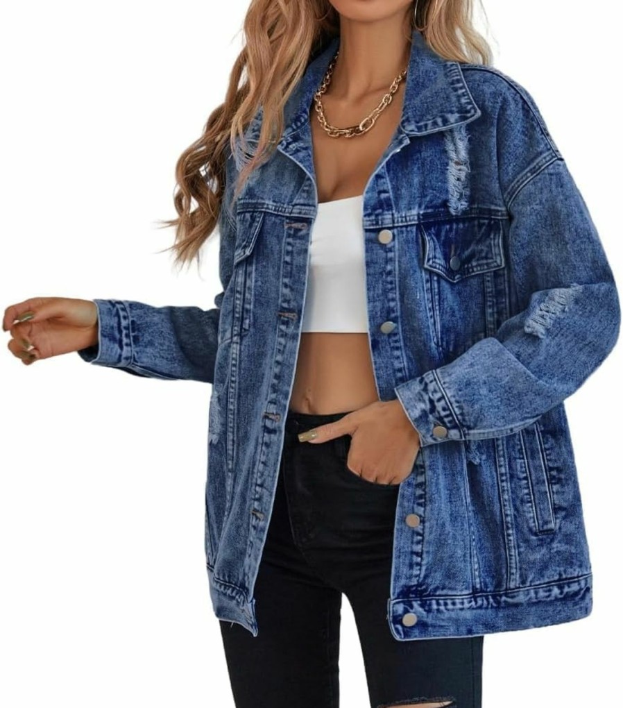 LifeShe Lifeshe Women'S Long Oversized Denim Jacket Boyfriend Ripped Distressed Jean Jackets Coat | Coats, Jackets & Vests