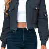 Fisoew Fisoew Women'S Cropped Bomber Jackets Lightweight Zip Up Stand Collar Long Sleeve Short Jacket With Pockets | Coats, Jackets & Vests