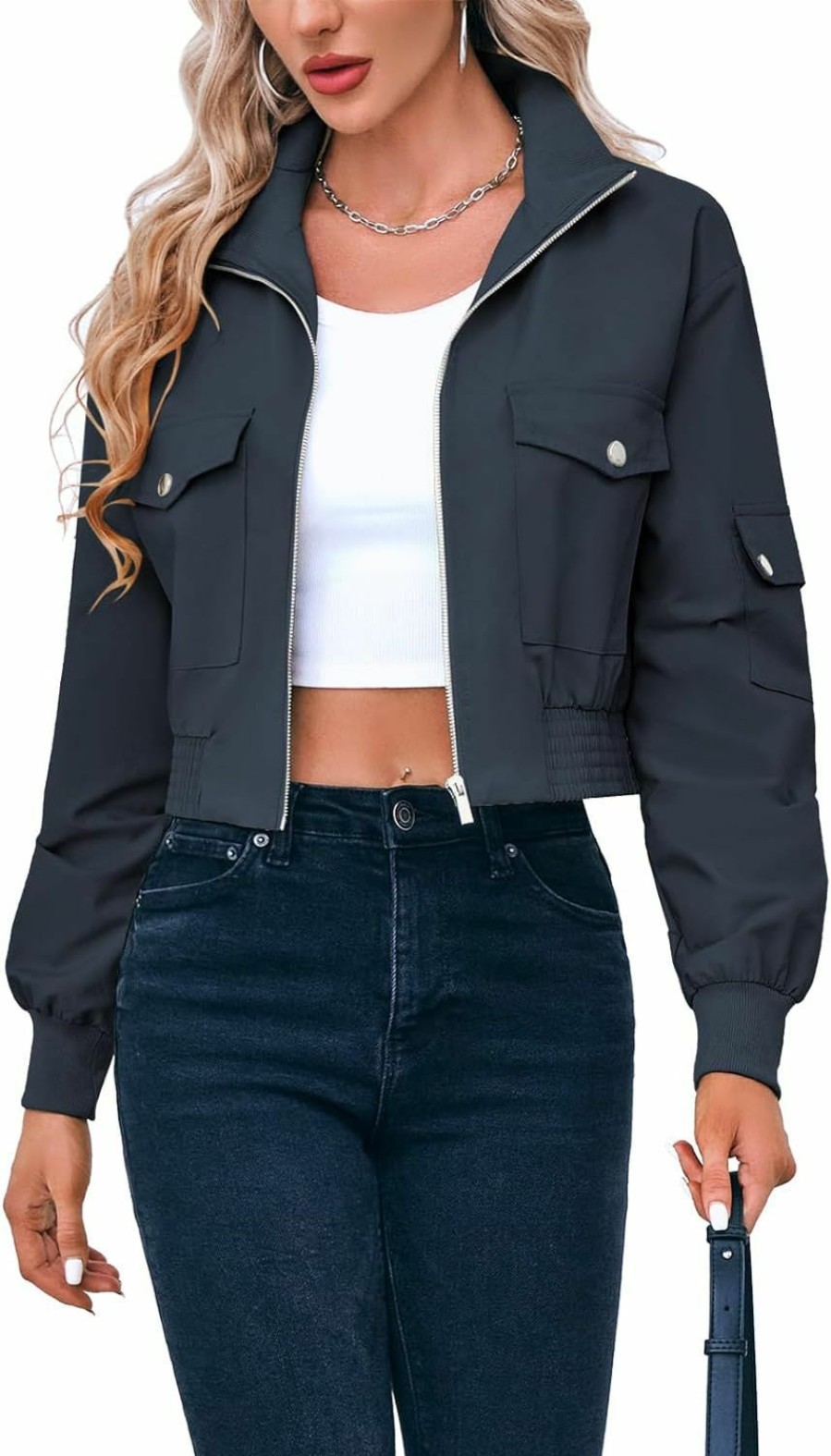 Fisoew Fisoew Women'S Cropped Bomber Jackets Lightweight Zip Up Stand Collar Long Sleeve Short Jacket With Pockets | Coats, Jackets & Vests