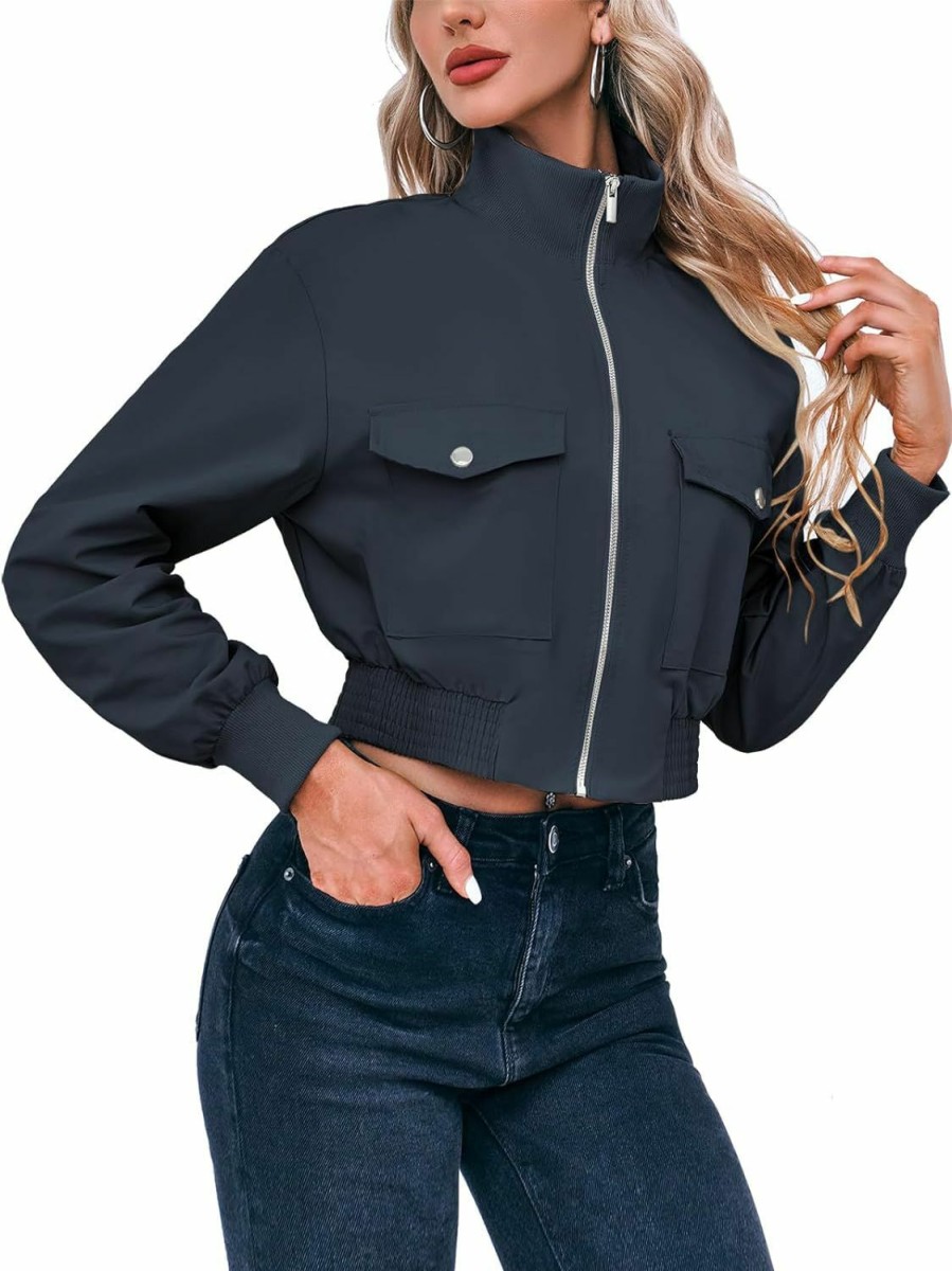 Fisoew Fisoew Women'S Cropped Bomber Jackets Lightweight Zip Up Stand Collar Long Sleeve Short Jacket With Pockets | Coats, Jackets & Vests