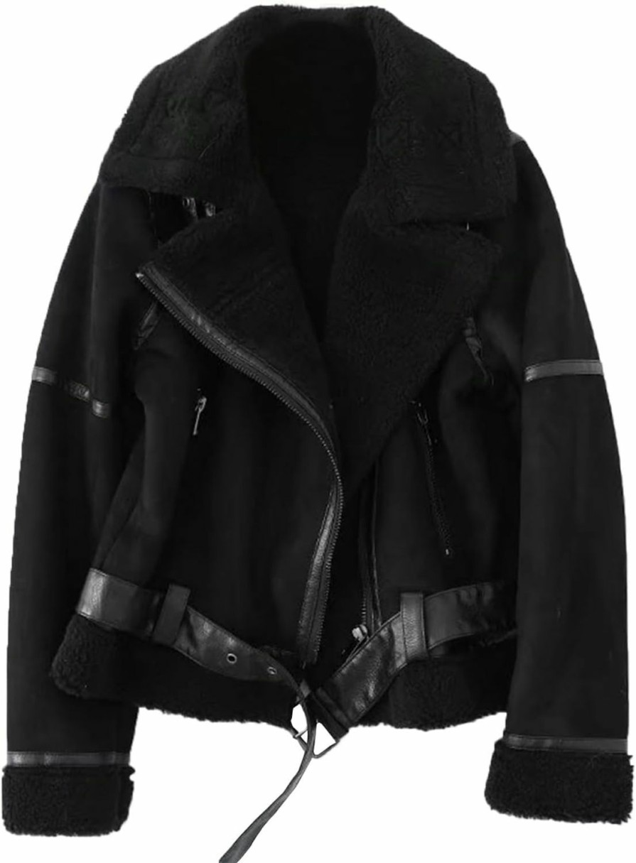 LY VAREY LIN Ly Varey Lin Women'S Faux Shearing Moto Jacket Thick Lined Parka Winter Shearling Coat Leather Jacket | Coats, Jackets & Vests