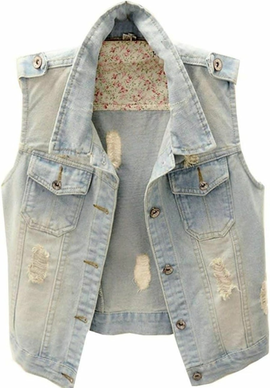 Kedera Kedera Womens Denim Jean Vest Classic Junior Button Up Cropped Distressed Sleeveless Jean Jacket | Coats, Jackets & Vests