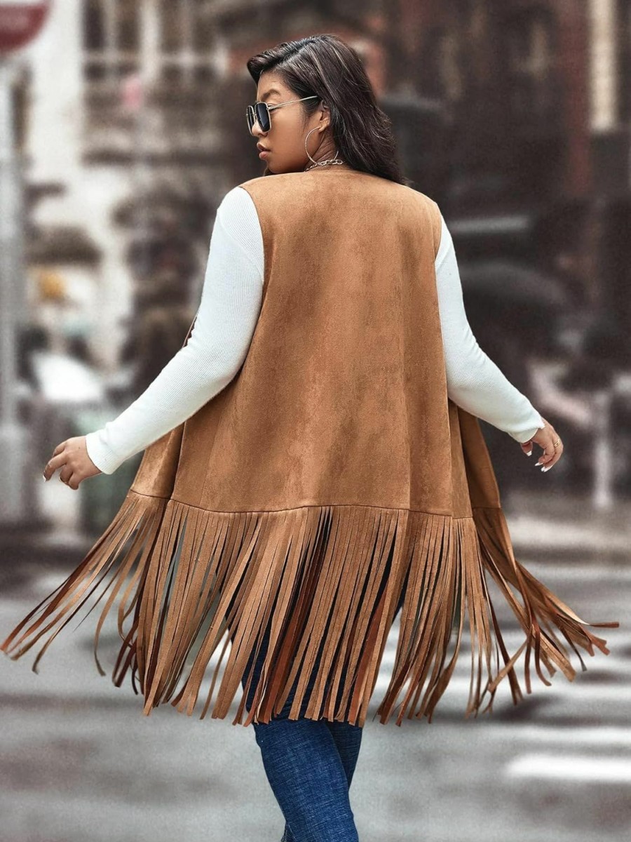 WDIRARA Wdirara Women'S Plus Size Fringe Hem Faux Suede Open Front Cardigan Vest Coat | Coats, Jackets & Vests