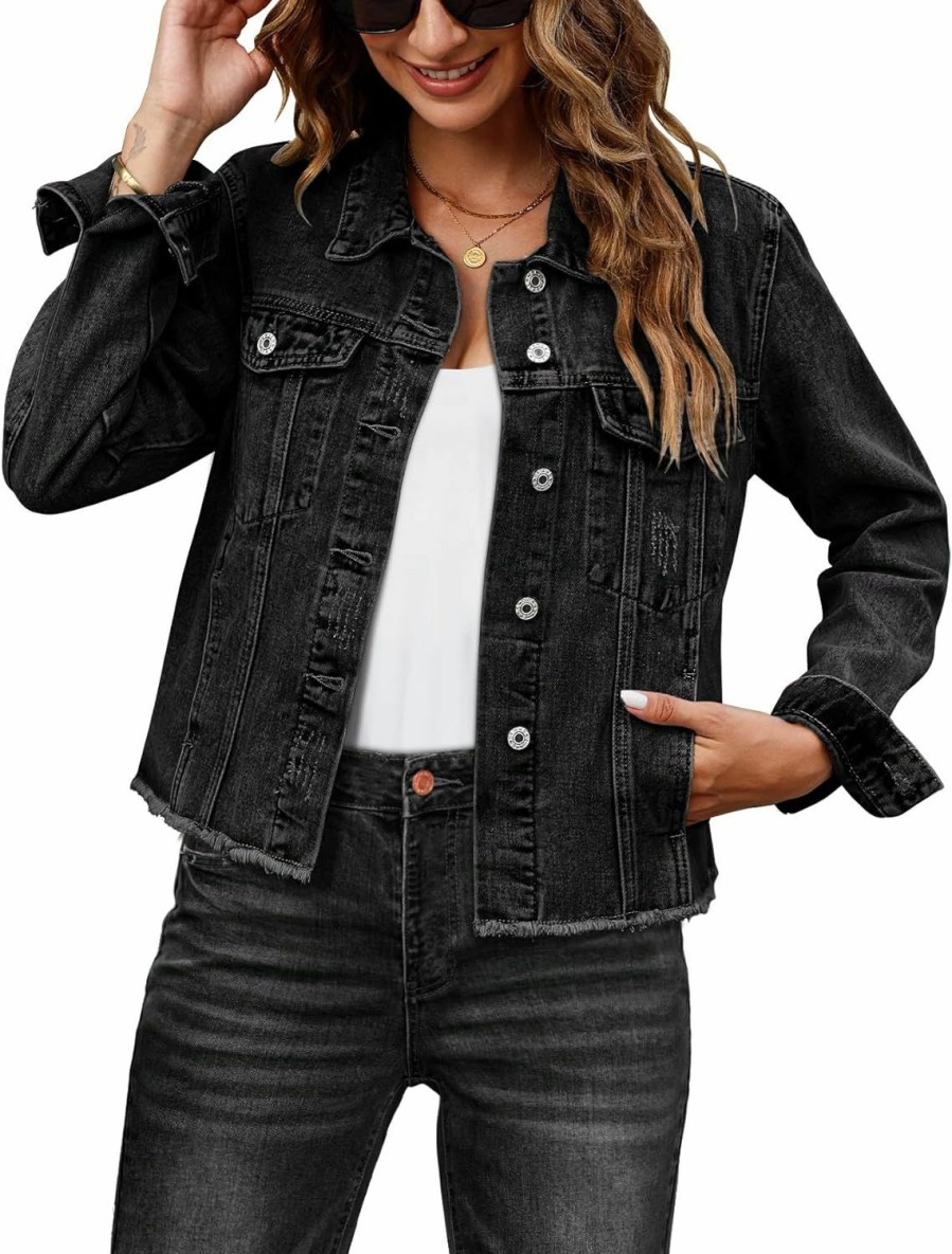 luvamia Luvamia Denim Jacket For Women Distressed Jean Jackets Button Up Vintage Western Trucker Jacket Frayed Hem Pockets | Coats, Jackets & Vests