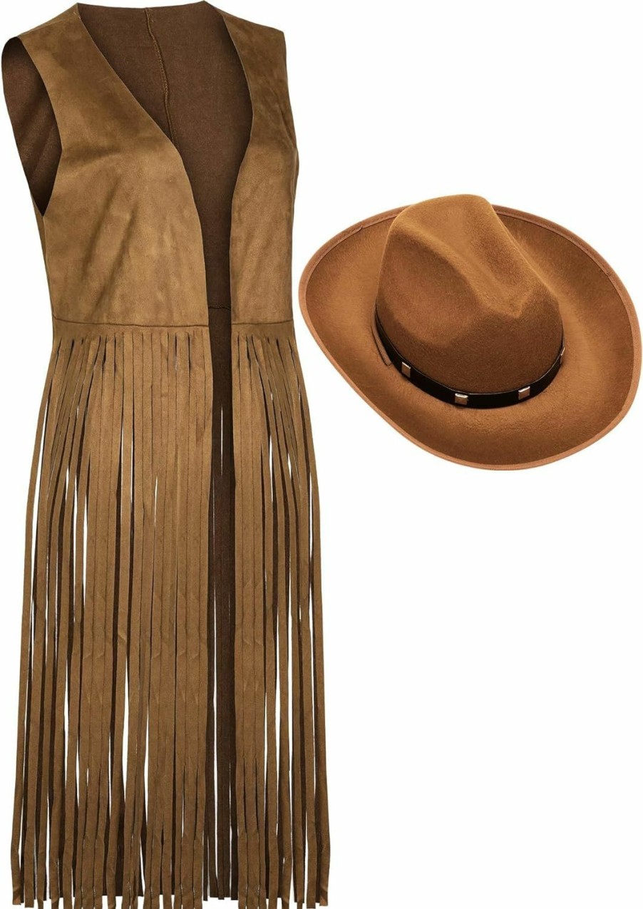 Foaincore Foaincore Fringe Vests Cowgirl Outfits For Women 70S Hippie Clothes Vest Jacket Faux Suede Tassels Western Cowgirl Hat | Coats, Jackets & Vests