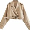 Xiaoxuemeng Xiaoxuemeng Womens Cropped Bike Jacket Casual Double Breasted Trench Coat With Belt | Coats, Jackets & Vests