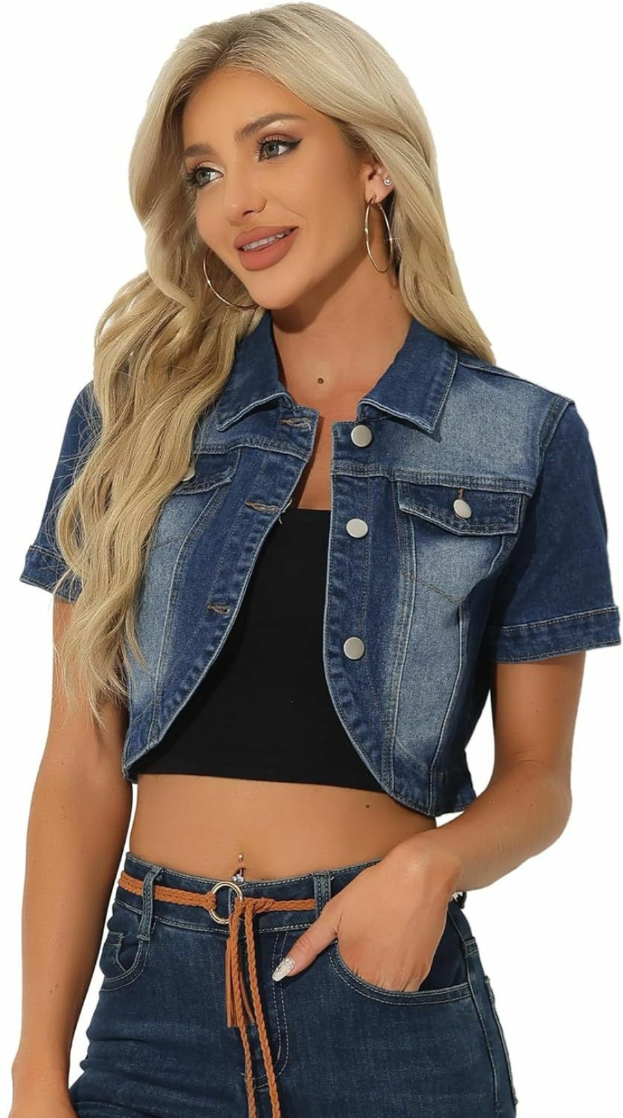 Allegra K Allegra K Casual Denim Jacket For Women'S Turndown Collar Short Sleeves Crop Jean Jackets | Coats, Jackets & Vests