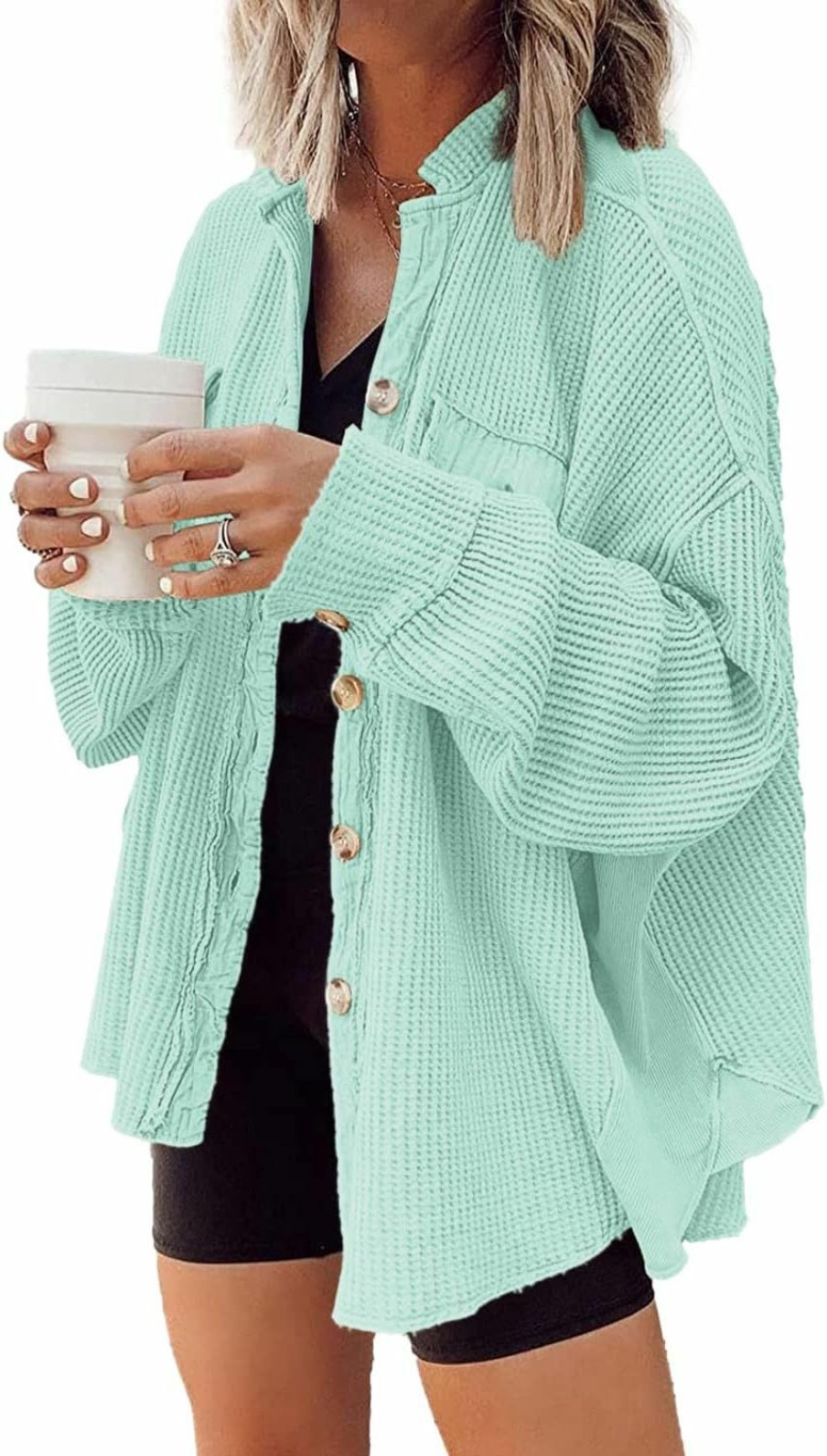 Nirovien Nirovien Womens Waffle Knit Shacket Oversized Button Down Shirt Jacket Lightweight Long Sleeve Tops With Pockets | Coats, Jackets & Vests