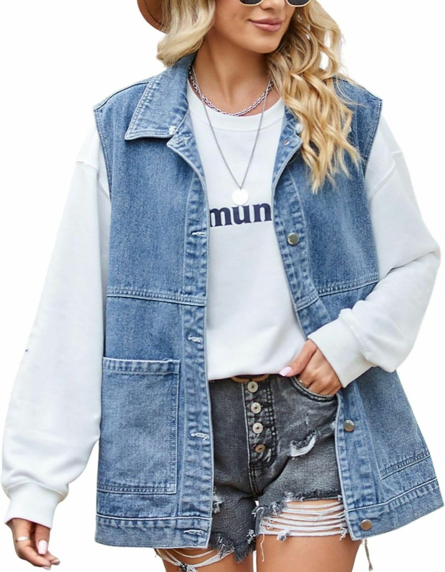 FindThy Findthy Women'S Vintage Denim Jean Vest Oversized Button Down Jean Waistcoat Gilet | Coats, Jackets & Vests