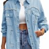 PUWEI Puwei Ripped Fringe Jean Jacket Women Distressed Washed Button Down Frayed Denim Shacket With Pocket | Coats, Jackets & Vests