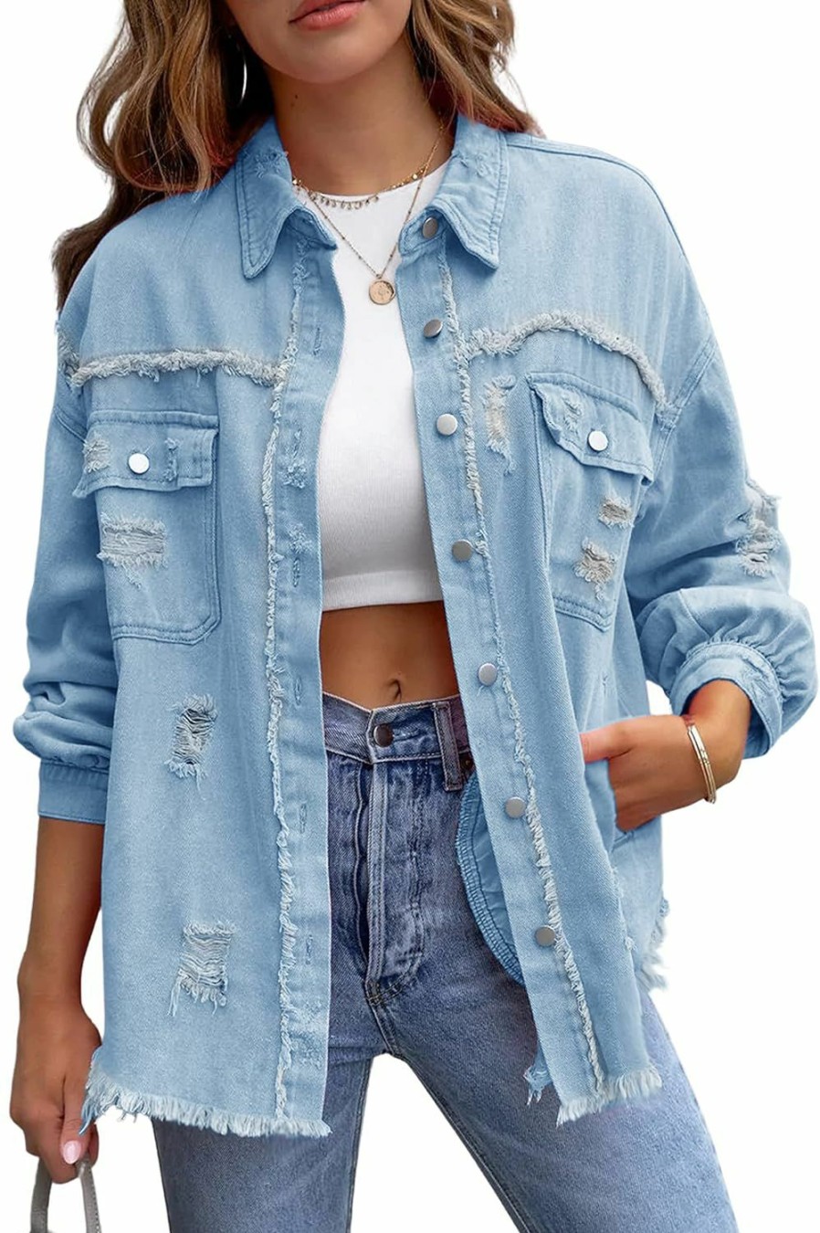 PUWEI Puwei Ripped Fringe Jean Jacket Women Distressed Washed Button Down Frayed Denim Shacket With Pocket | Coats, Jackets & Vests