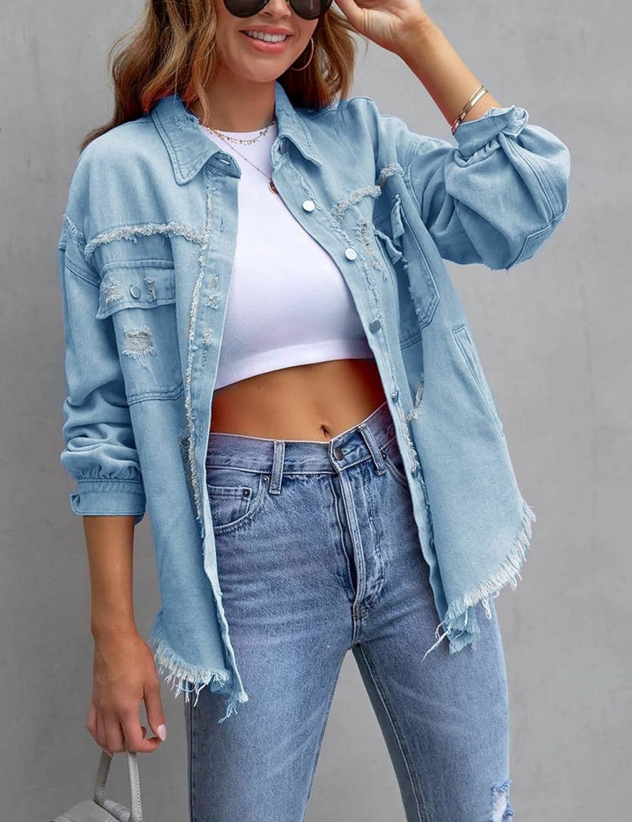 PUWEI Puwei Ripped Fringe Jean Jacket Women Distressed Washed Button Down Frayed Denim Shacket With Pocket | Coats, Jackets & Vests