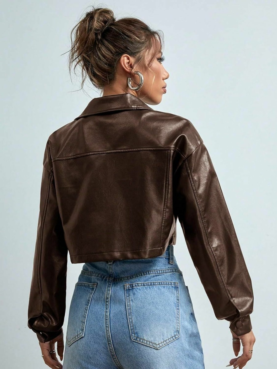 MakeMeChic Makemechic Women'S Faux Leather Crop Jacket Button Down Pocket Cropped Motorcycle Jacket | Coats, Jackets & Vests