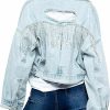 Joiemont Womens Denim Jacket With Fringe Rhinestones Long Sleeve Distressed Ripped Denim Jackets With Pockets | Coats, Jackets & Vests