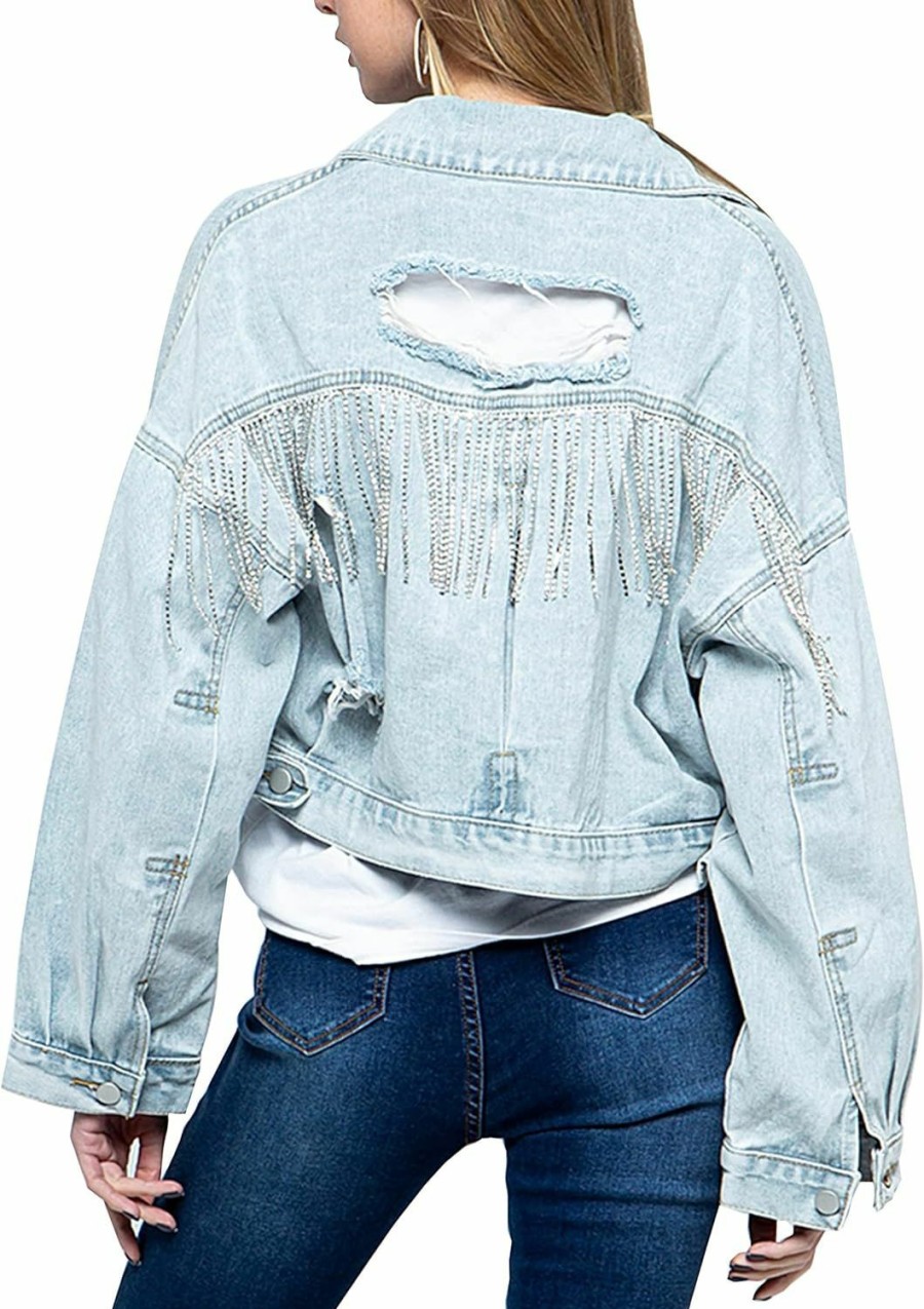 Joiemont Womens Denim Jacket With Fringe Rhinestones Long Sleeve Distressed Ripped Denim Jackets With Pockets | Coats, Jackets & Vests